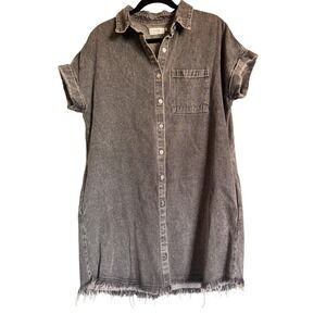 BluIvy Women's Freya Sz L Gray Acid‎ Wash Denim Shirt Dress Casual Chic